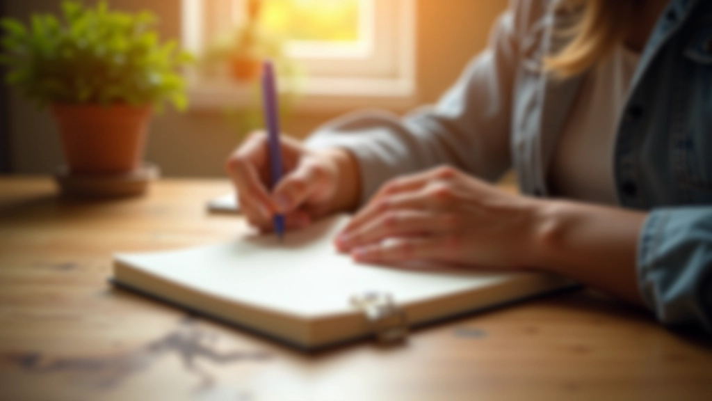 Mani che scrivono in un diario personale con penna stilografica, tavolo di legno con luce calda
