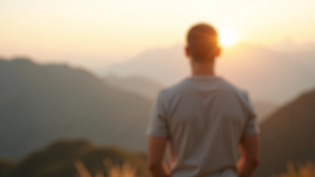 Persona che guarda l'orizzonte con atteggiamento fiducioso in ambiente montano al tramonto