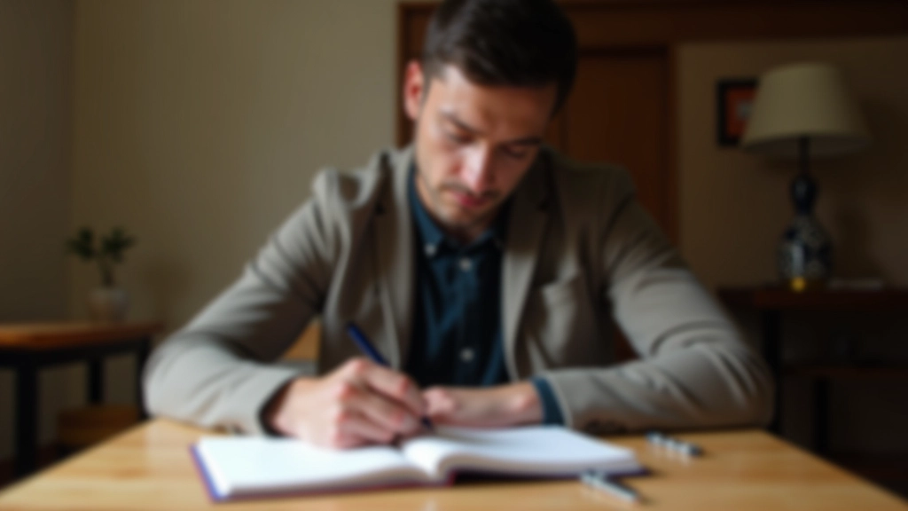 Persona che scrive in un taccuino con penna, circondato da libri e fogli, rappresenta l'atto di documentare e riflettere su un'esperienza difficile