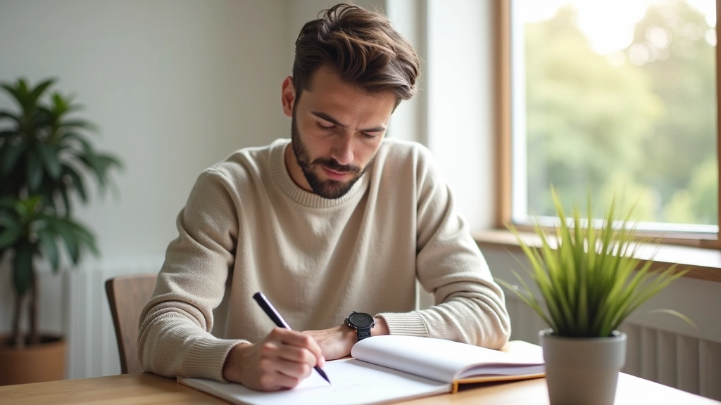 Persona che tiene un taccuino aperto con penna, seduta a una scrivania luminosa con pianta verde sullo sfondo