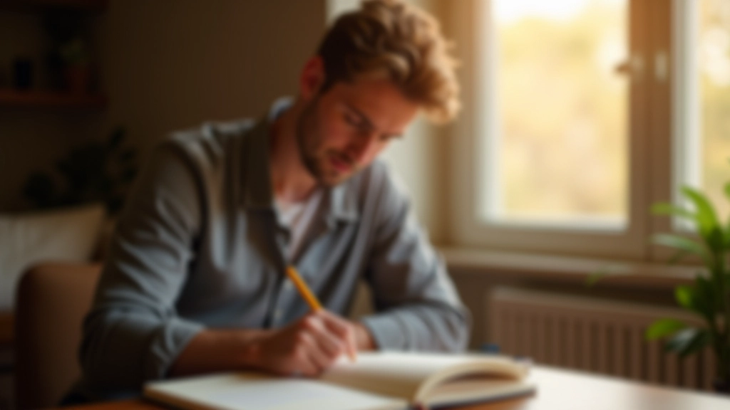 Persona che scrive su un taccuino con una penna, in un ambiente sereno con luce naturale, mostrando dedizione alla pratica quotidiana