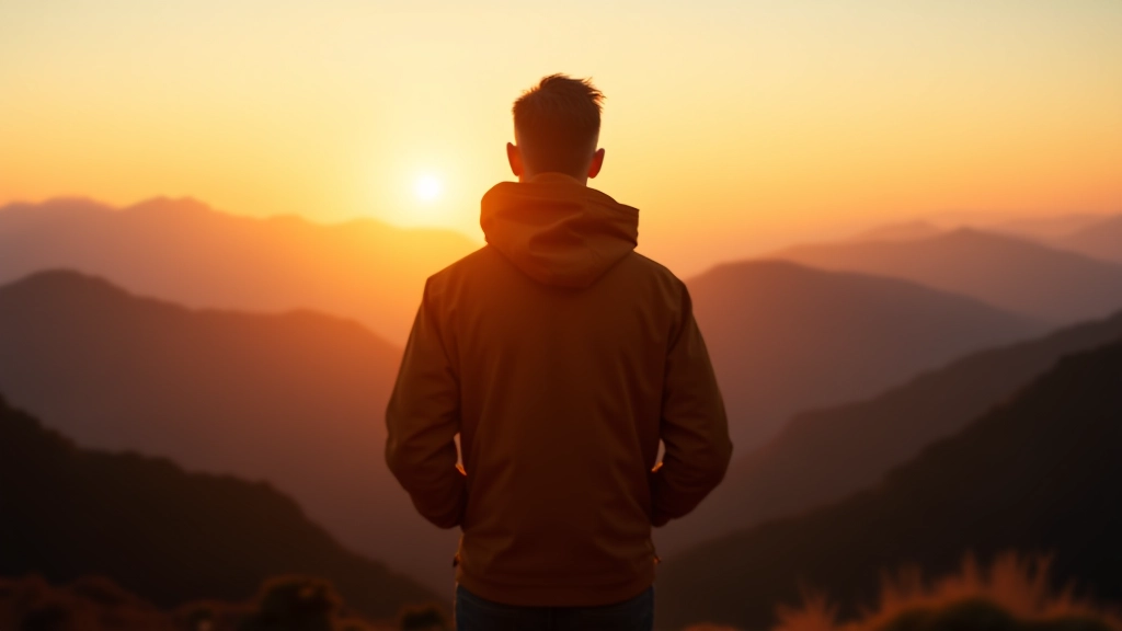 Persona che guarda verso l'orizzonte in montagna al tramonto con braccia aperte