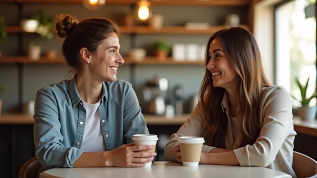 Due persone che conversano apertamente con espressioni positive e rilassate, ambiente accogliente di caffetteria