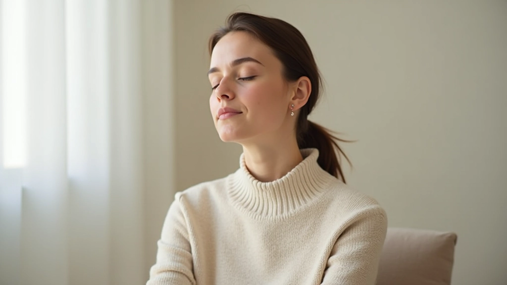 Persona che pratica la respirazione quadrata, seduta con una postura consapevole, che conta mentalmente i secondi della sequenza di respiro
