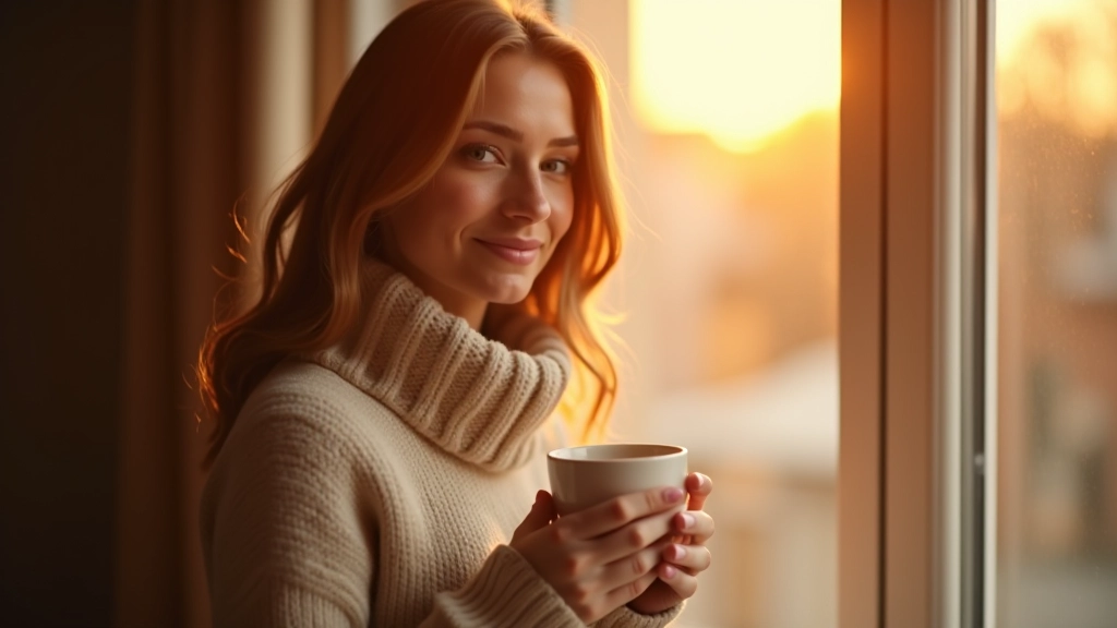 Donna che tiene una tazza di caffè caldo, sorriso sereno, seduta vicino a una finestra con luce naturale calda